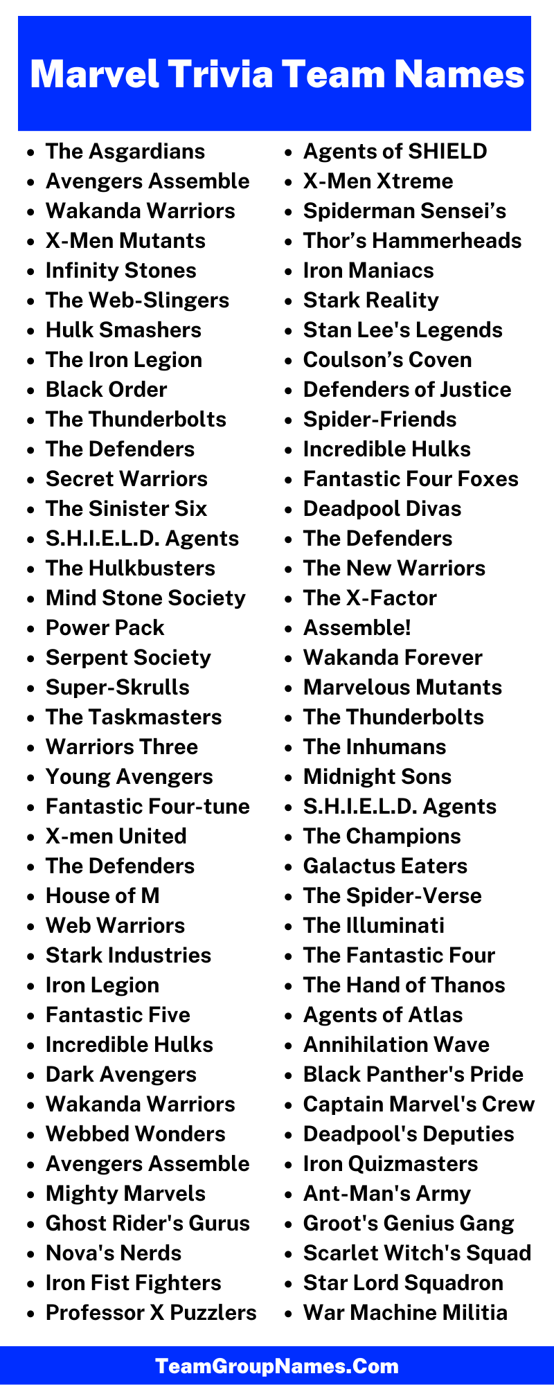 Marvel Trivia Team Name Ideas (Infographic)