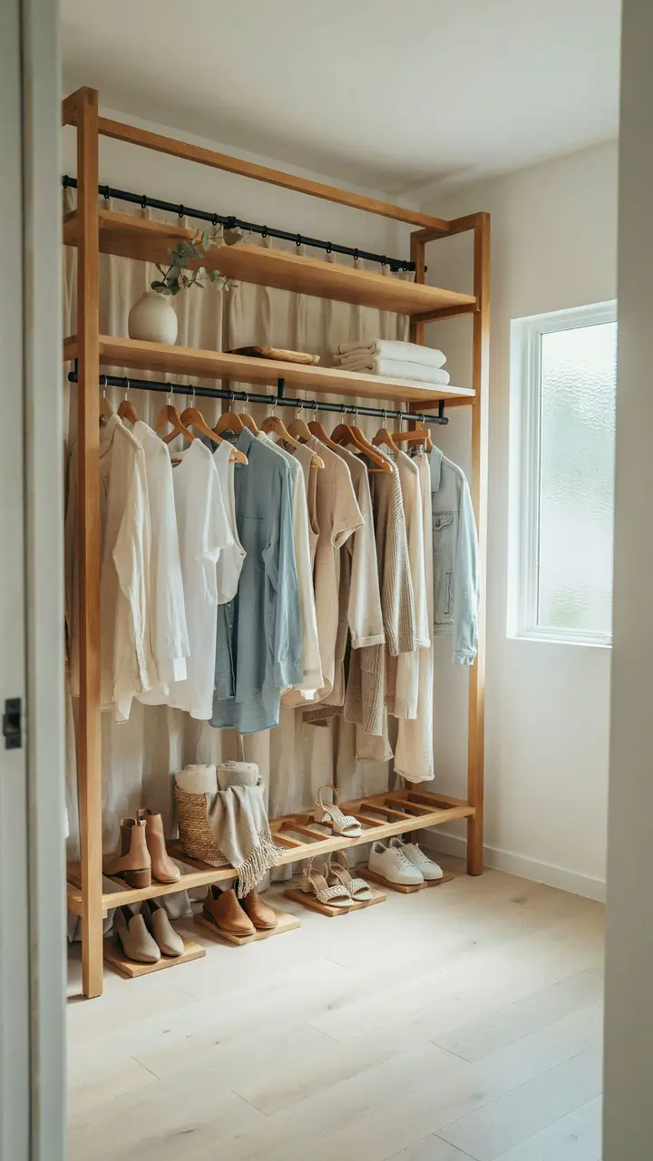 Open Wardrobe System With Linen Curtain Panels