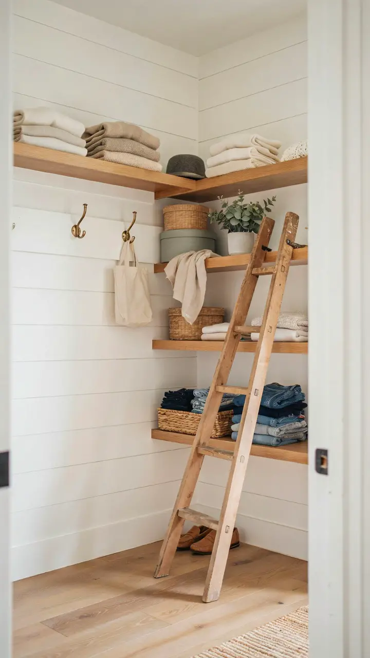 Shiplap Accent Wall With Floating Wood Shelves