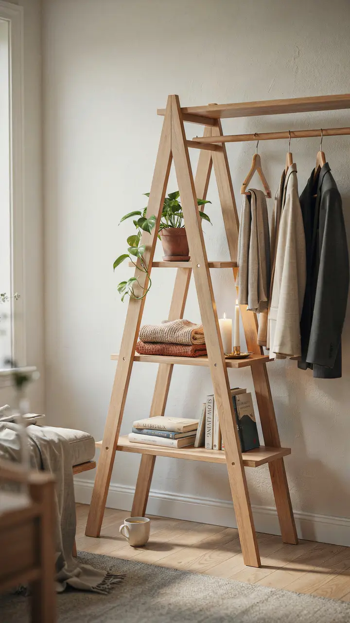 The Ladder Shelf Partition with Hanging Closet Rod