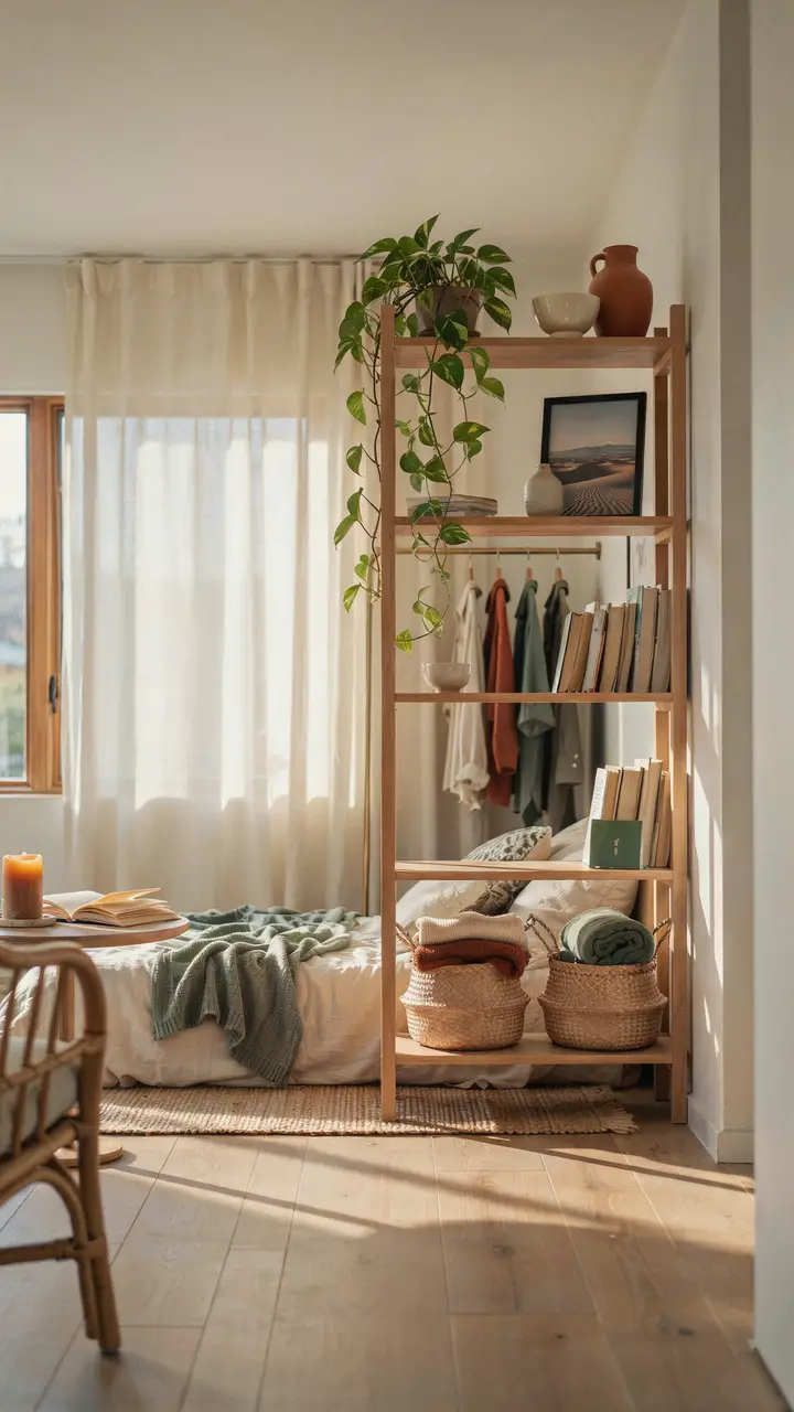 The Open Bookshelf Room Divider with Hidden Closet Storage