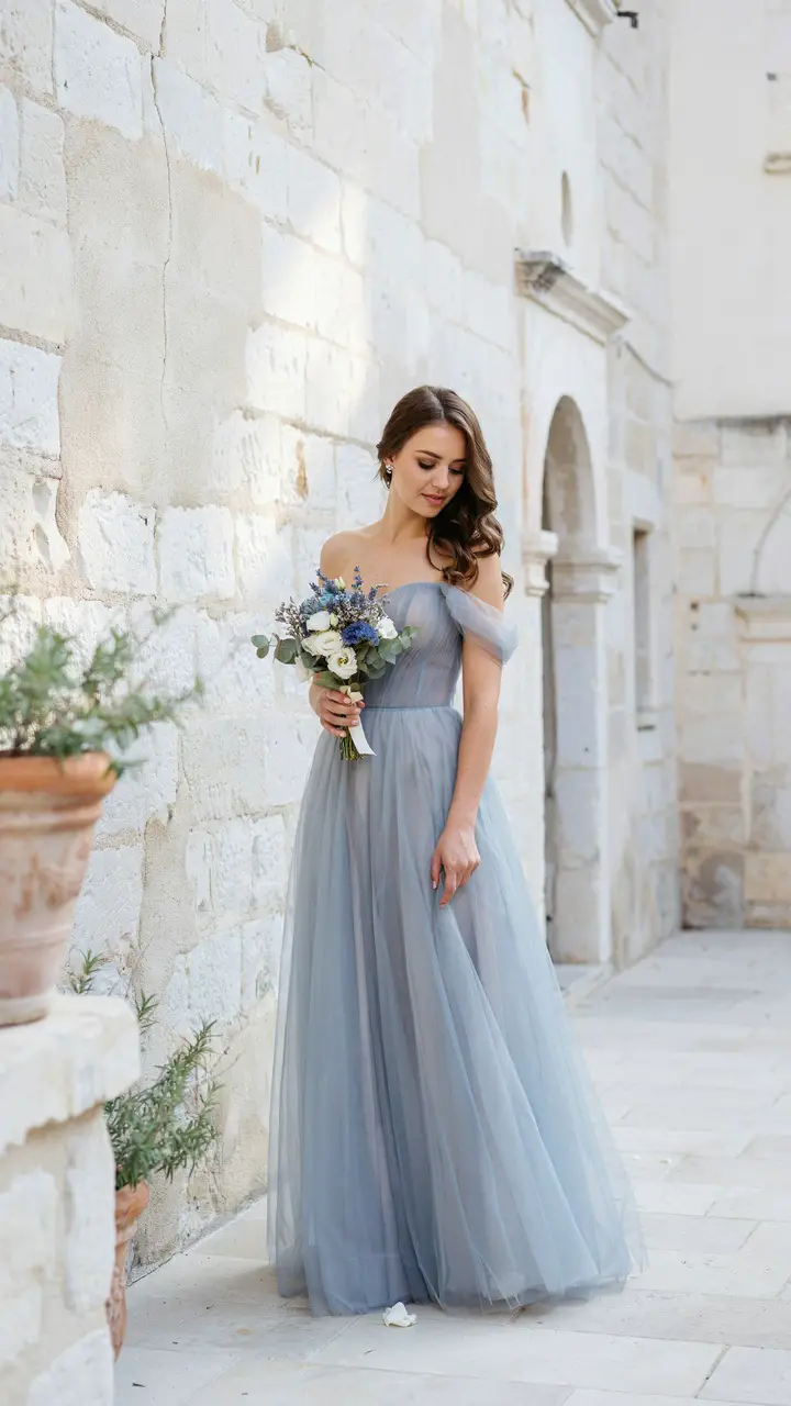 Dusty Blue Off-the-Shoulder Gown