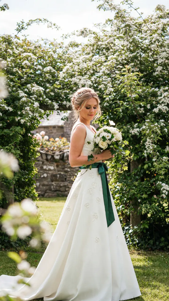 The Classic Celtic Bride — White Gown with Shamrock Embroidery and Green Sash