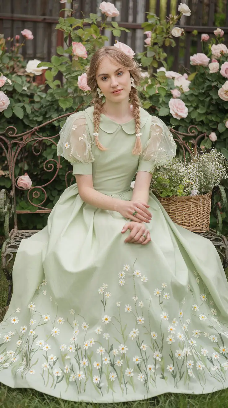 The Cottagecore Floral-Embroidered Green Gown