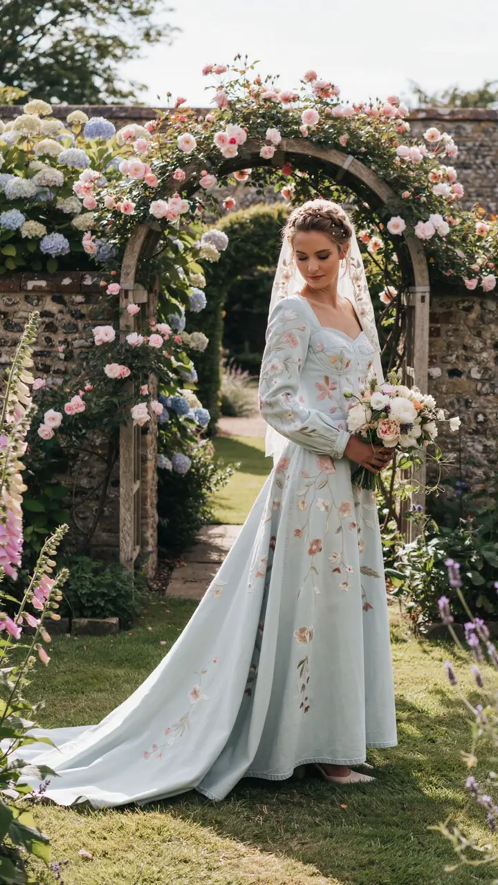 The Denim and Floral Embroidered Wedding Dress