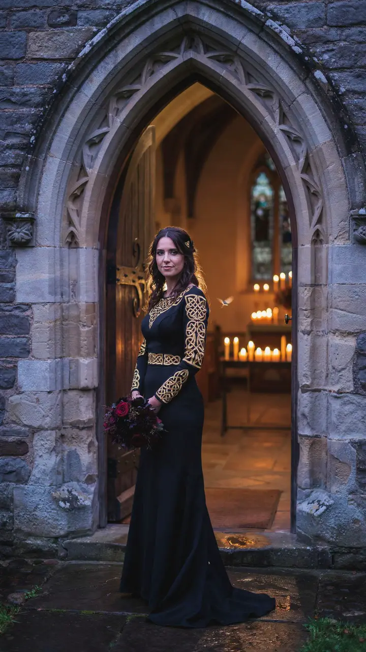 The Dramatic Celt — Black Wedding Gown with Gold Knotwork