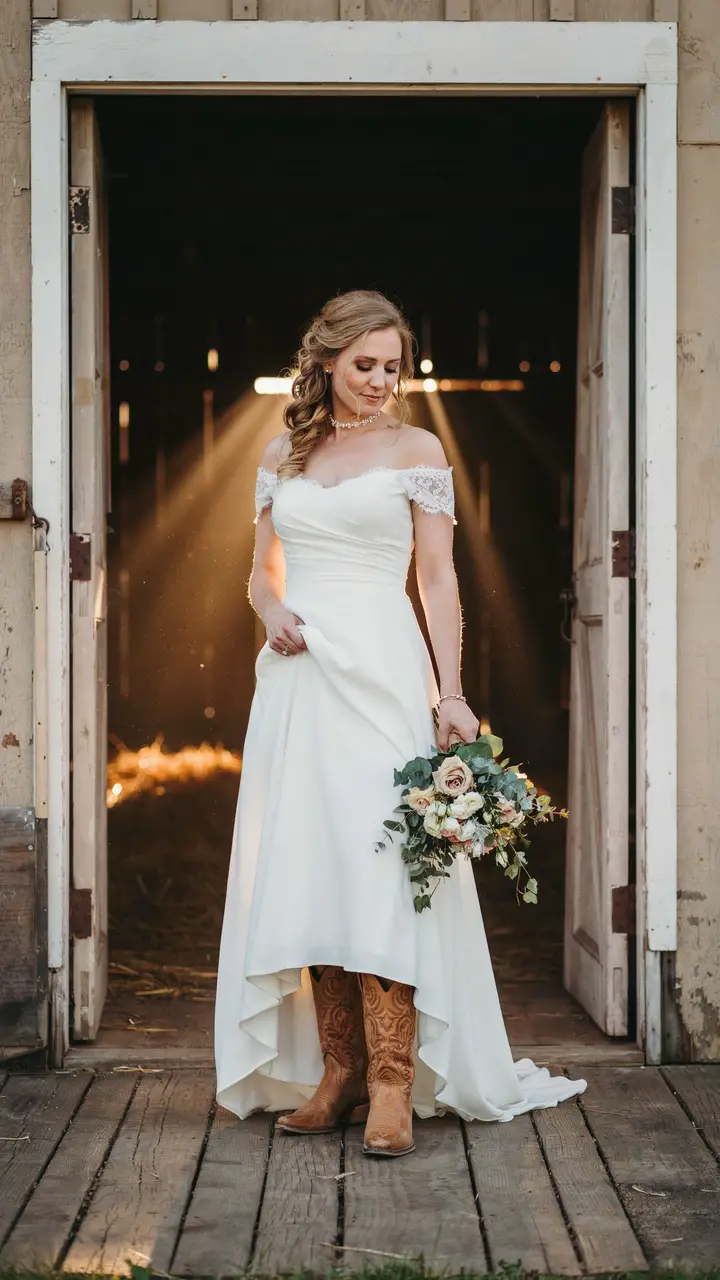 The Elegant Off-Shoulder Dress With Hand-Tooled Leather Boots