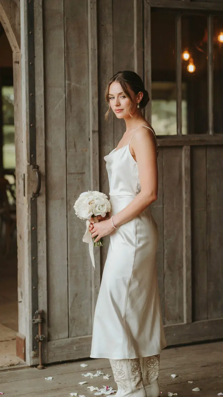The Fitted Satin Slip Dress With White Embroidered Boots
