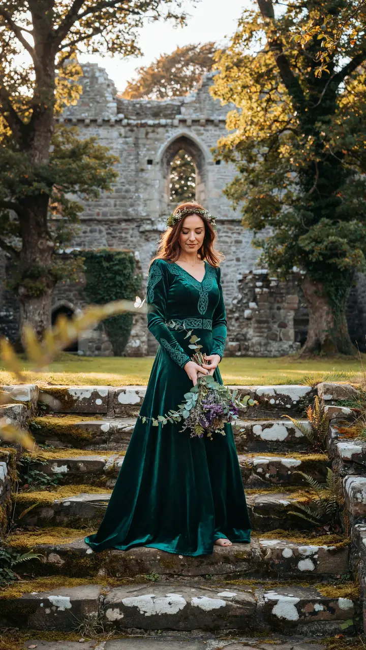 The Forest Goddess Gown — Emerald Green Velvet with Knotwork Detail