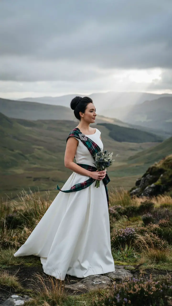 The Highland Warrior — White Gown with Tartan Sash