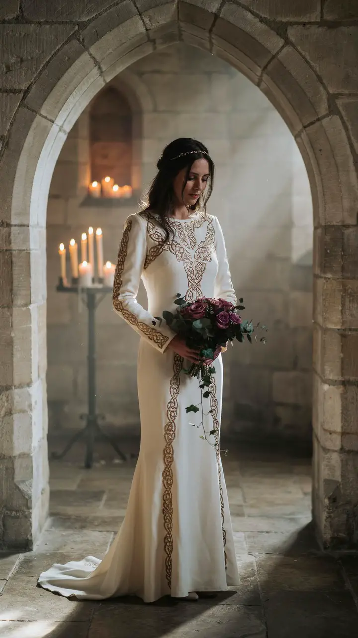 The Medieval Queen — Long-Sleeve Fitted Gown with Celtic Embroidery