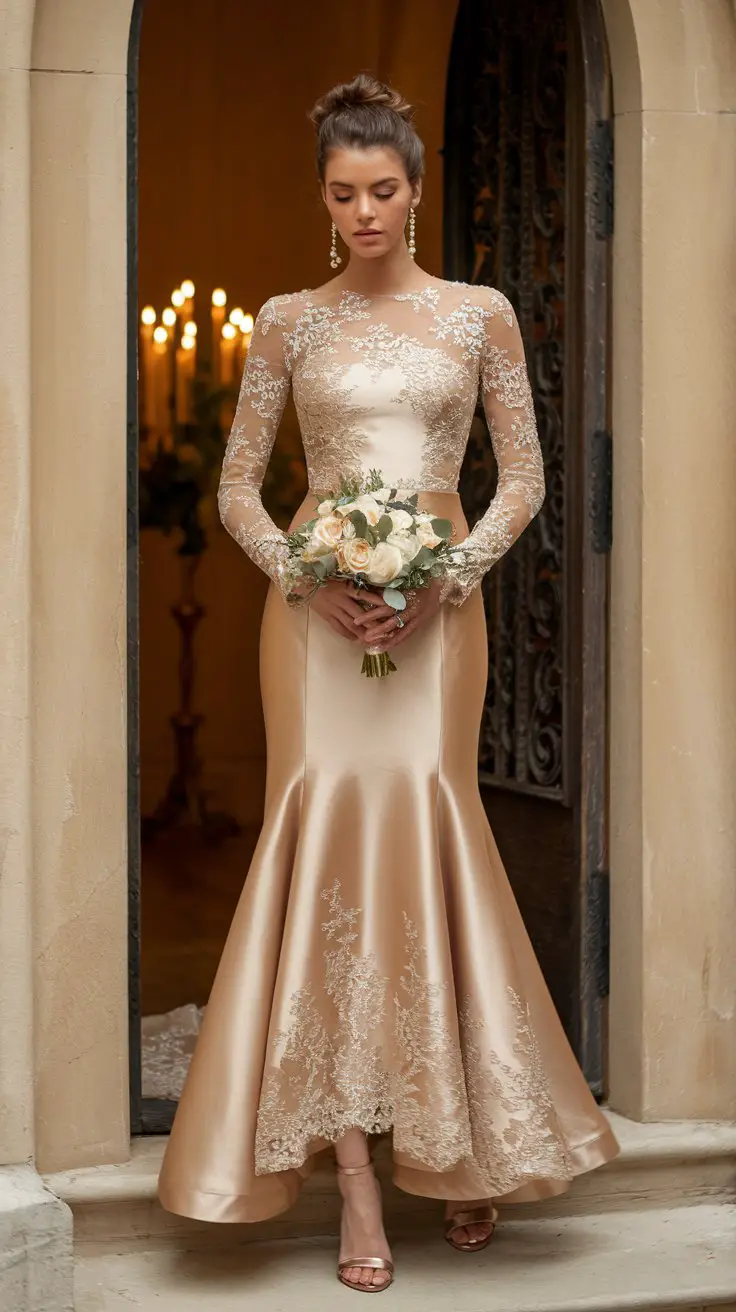 The Modest A-Line Dress with Lace Overlay Sleeves