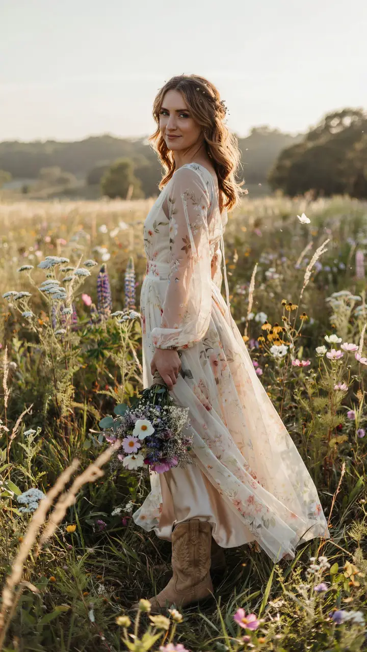 The Sheer Floral Overlay Dress With Tan Woven Leather Boots
