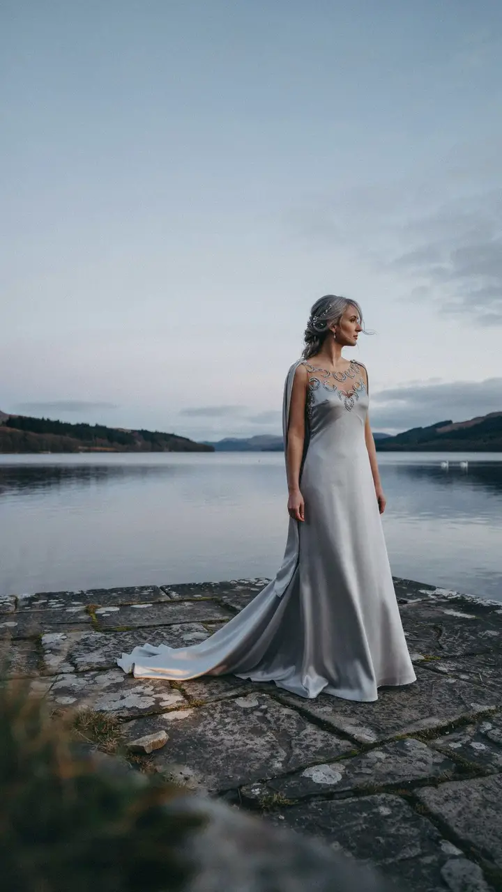 The Silver Moon — Grey or Silver Silk Gown with Moonstone Embellishment