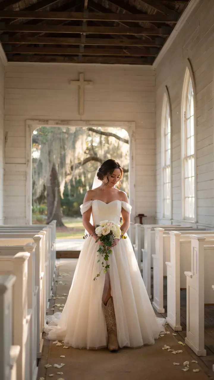 The Structured A-Line Ball Gown With Vintage Embroidered Boots