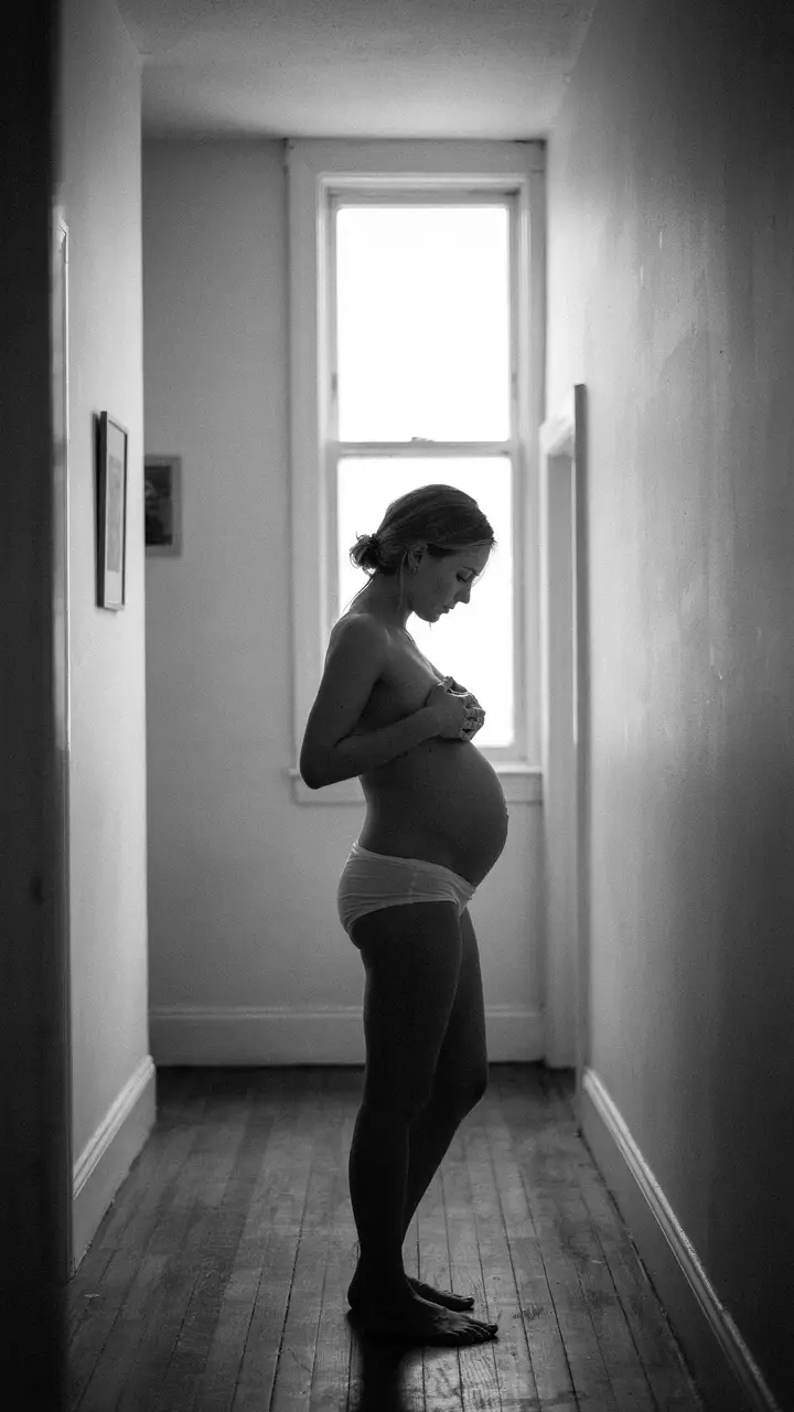 Black-and-White Bare Bump Portrait in the Hallway