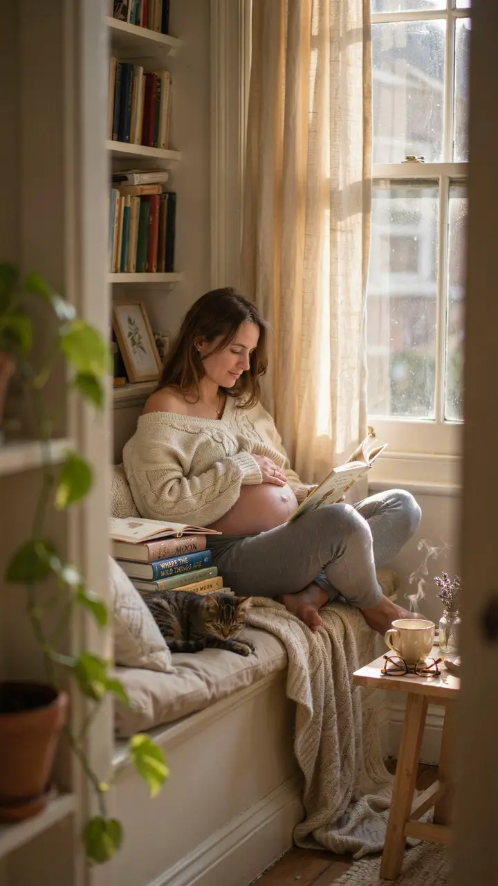 Cozy Reading Nook with a Stack of Baby Books
