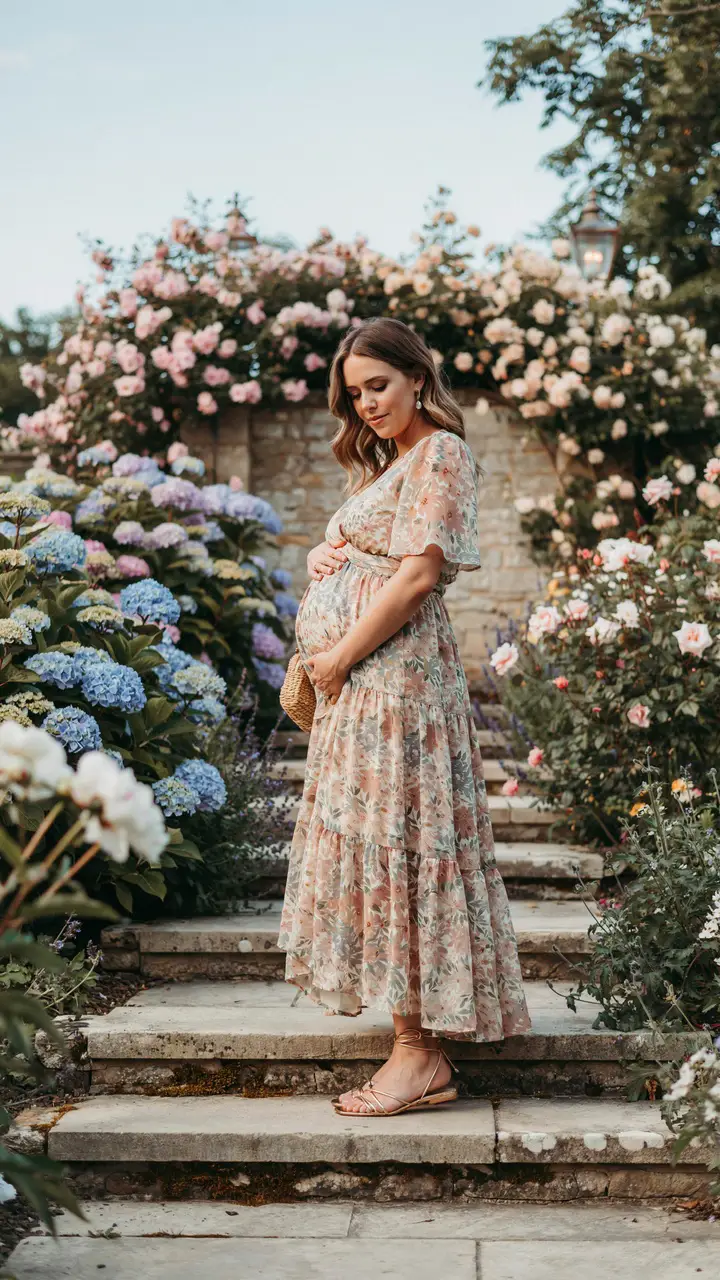 The Garden Goddess Floral Maxi Dress for the Pregnant Wedding Guest