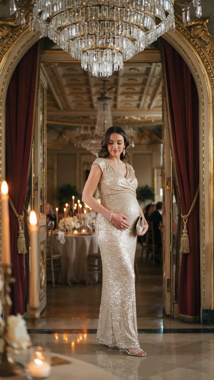 The Glam Mom-to-Be Sequin or Beaded Evening Gown for a Black-Tie Wedding