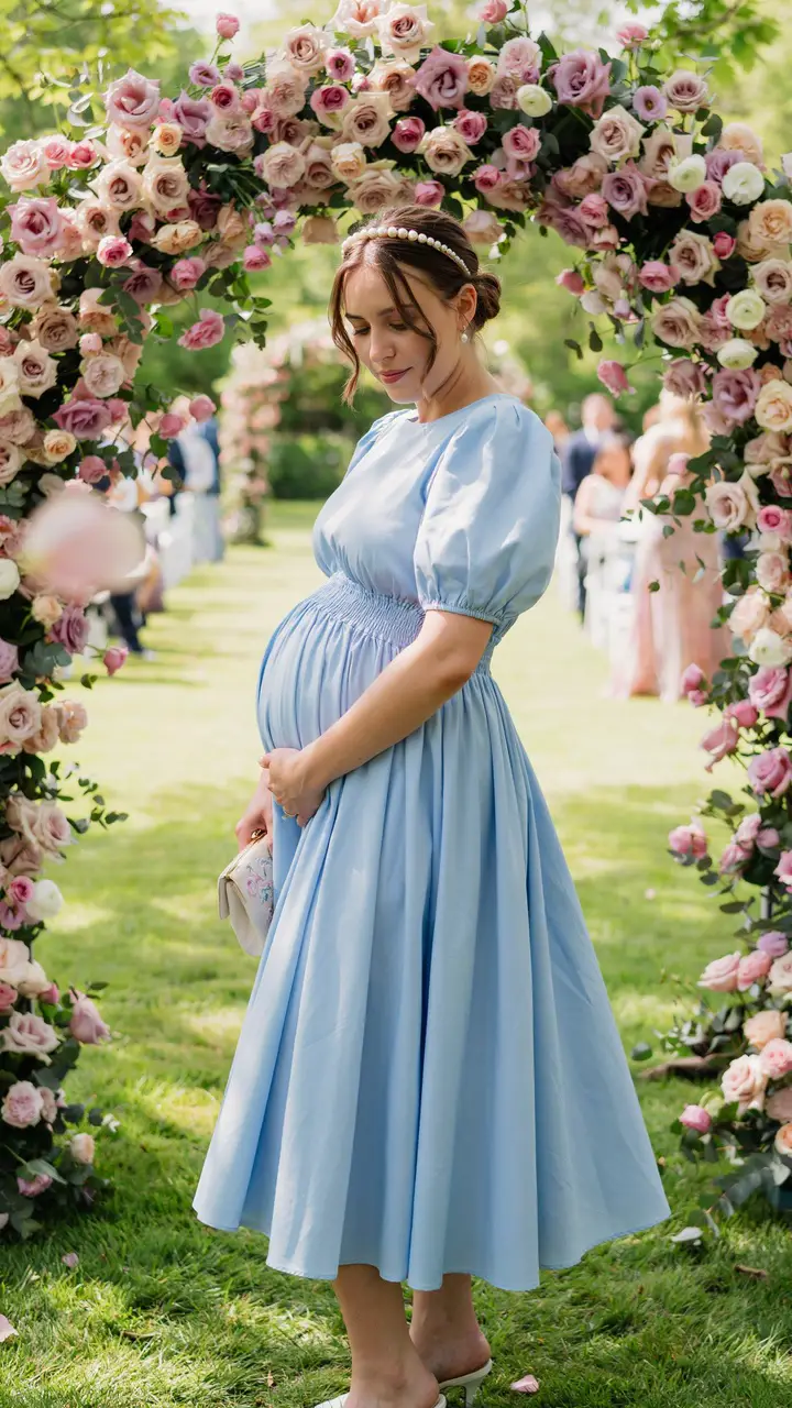 The Sweet Guest Midi Dress with Puff Sleeves for a Spring Wedding
