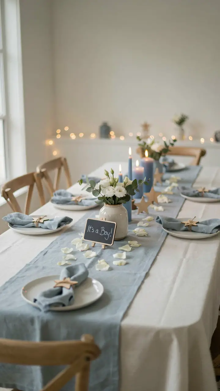 A Blue and White Table Runner with Scattered Décor