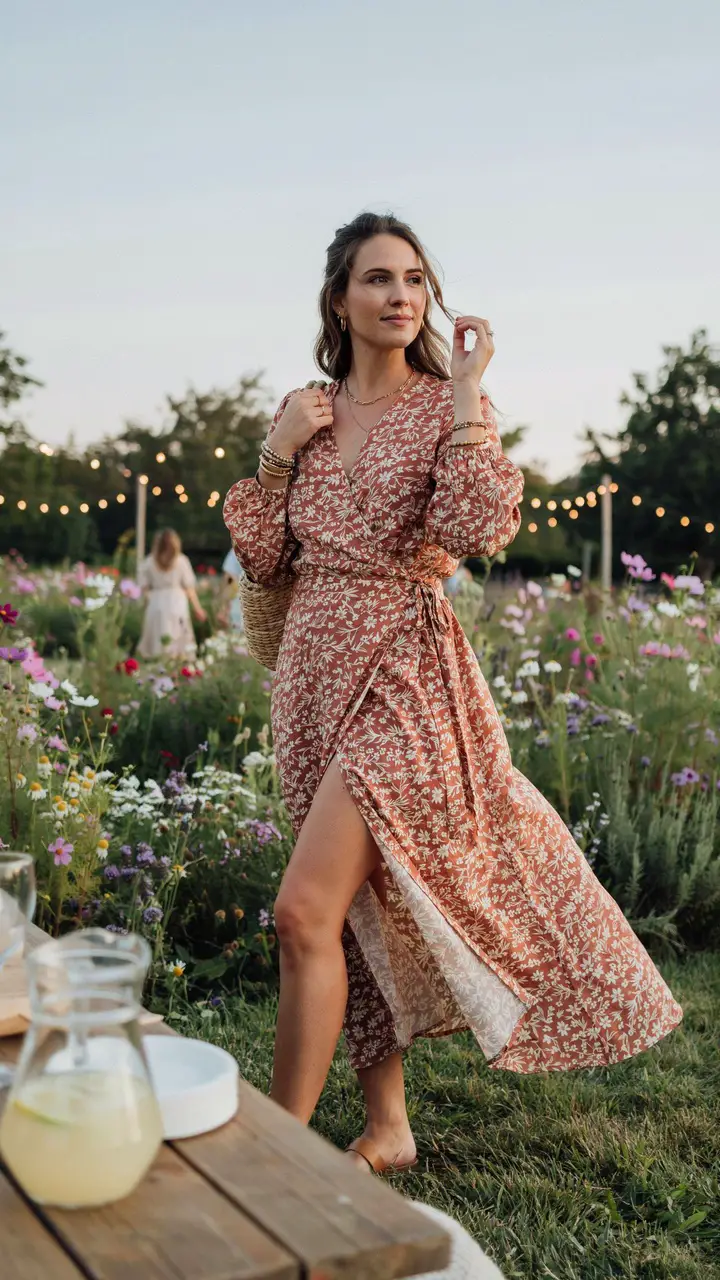 A Boho-Chic Wrap Maxi with Tan Sandals