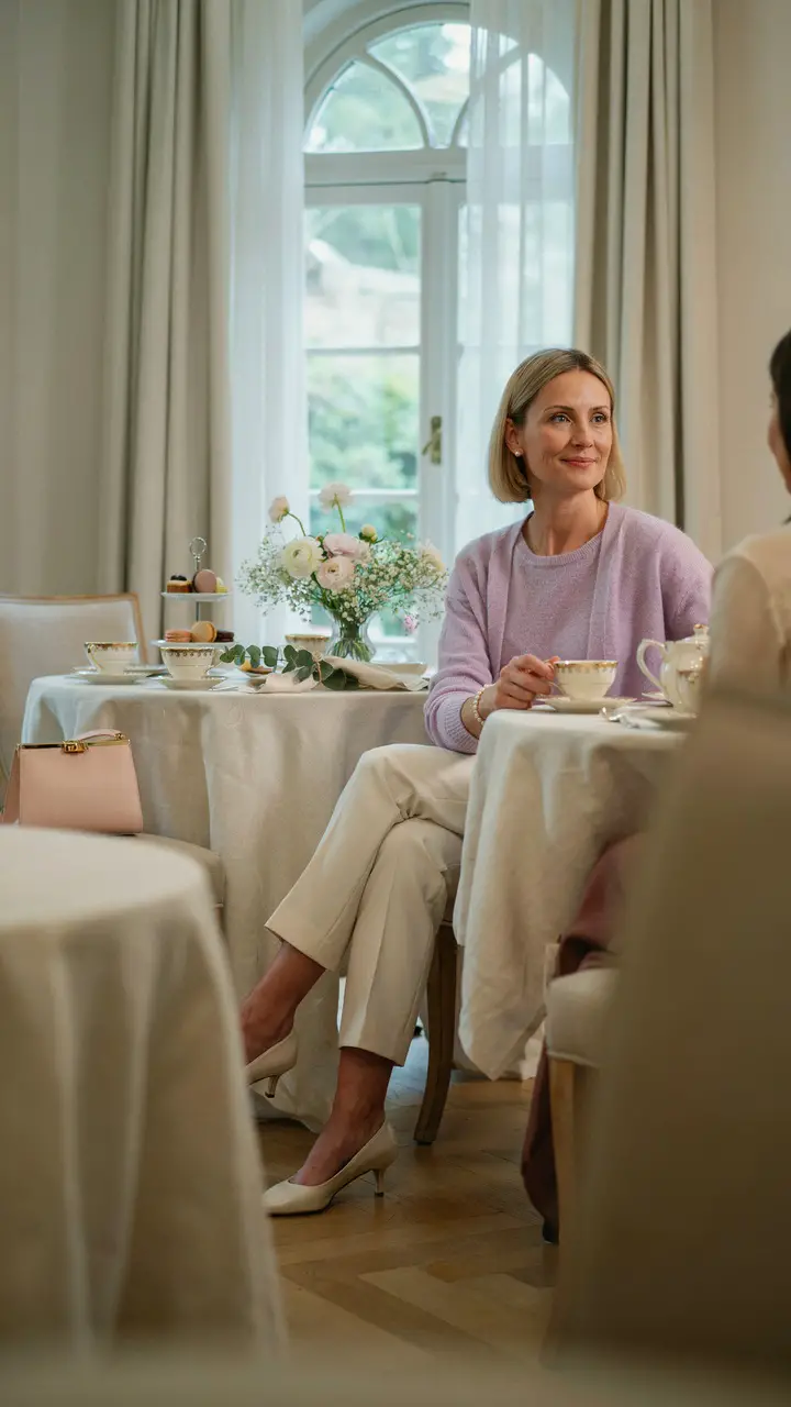 A Pastel Knit Twinset with Tailored Trousers