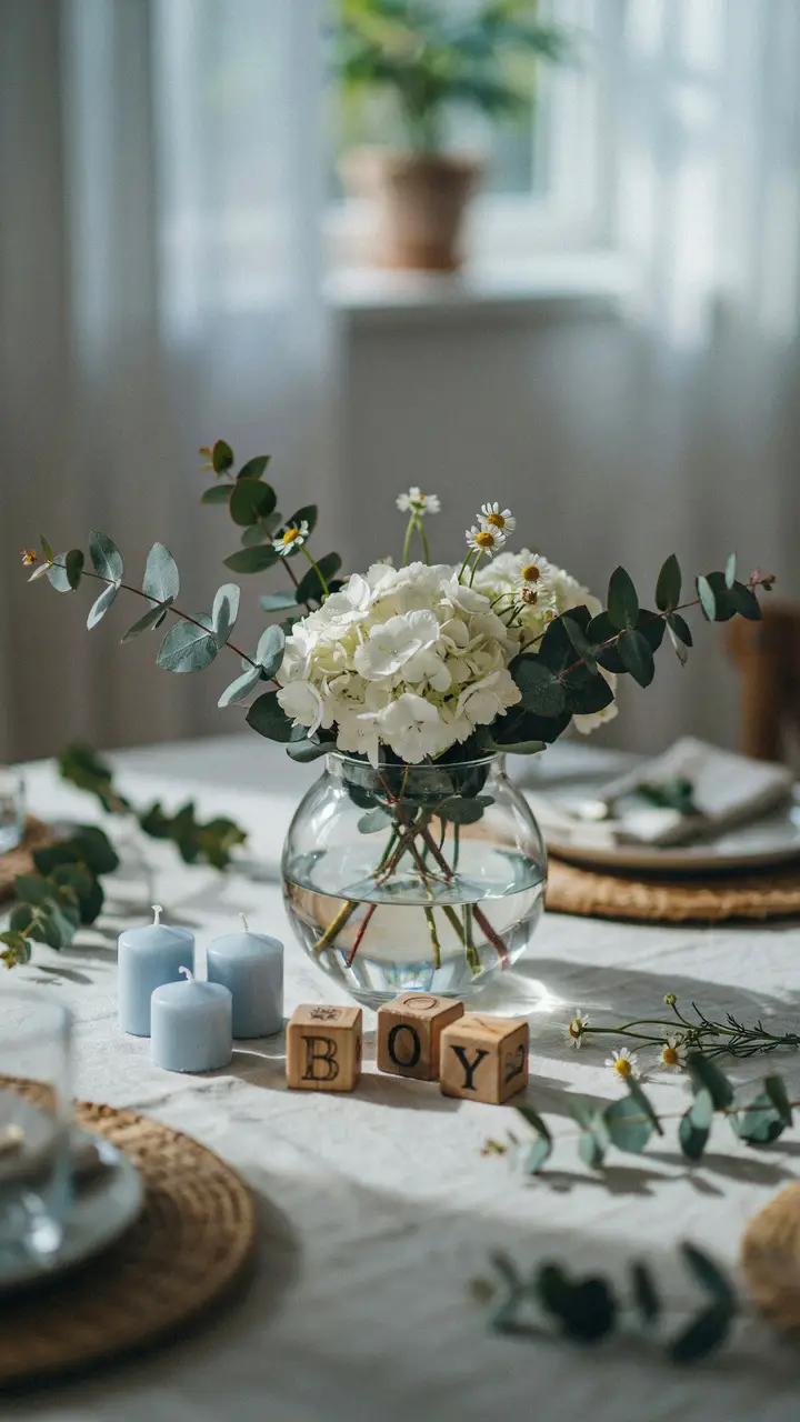 A Simple Centerpiece with Blue Florals and Greenery