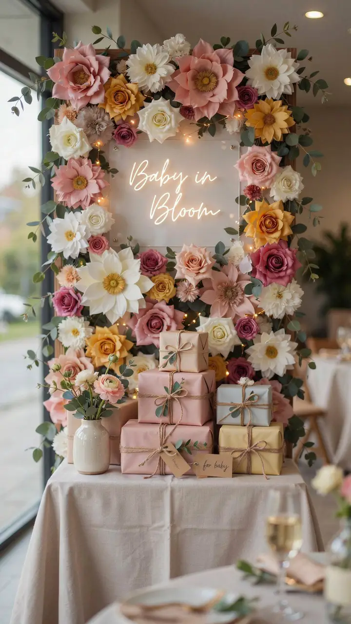 “Baby in Bloom” Floral Backdrop for the Gift Table