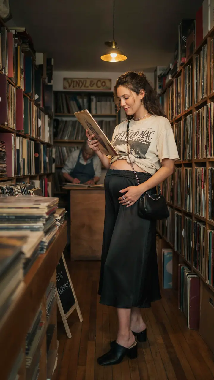 Band Tee + Bump-Friendly Midi Skirt