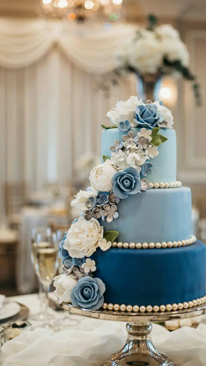 Blue Ombre Floral Fondant Cake