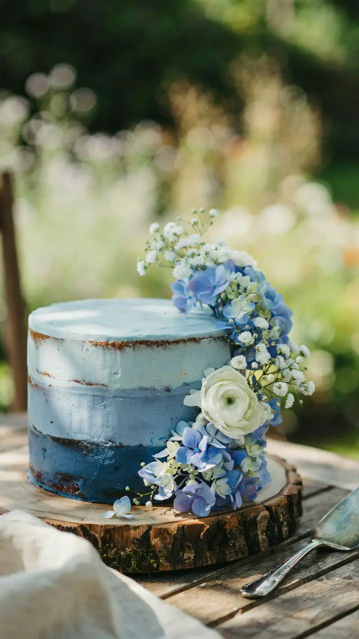 Blue Ombre Naked Cake with Fresh Flowers