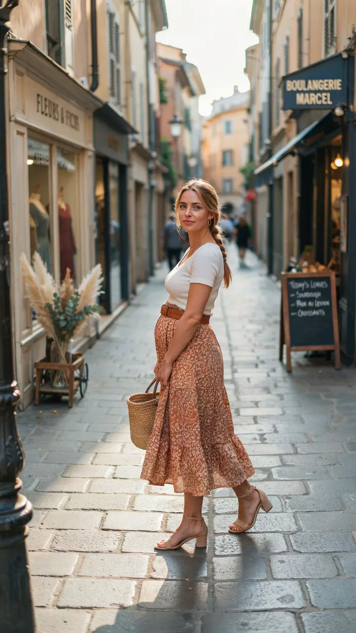 Boho Midi Skirt and Fitted Maternity Top for a Stylish Day Out