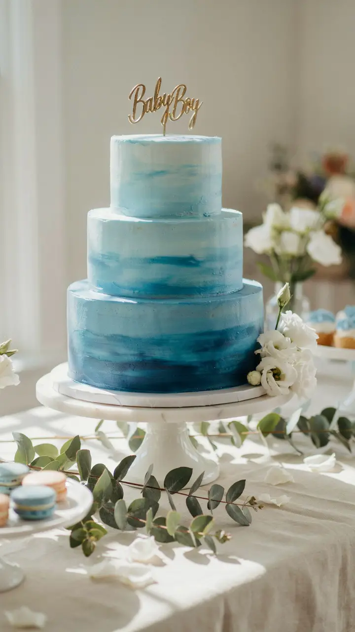 Classic Three-Tier Blue Watercolor Ombre Cake