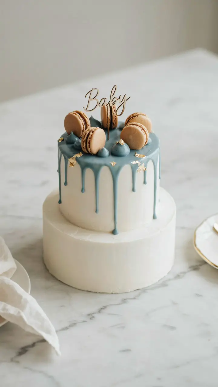 Dusty Blue Drip Cake with Gold Accents