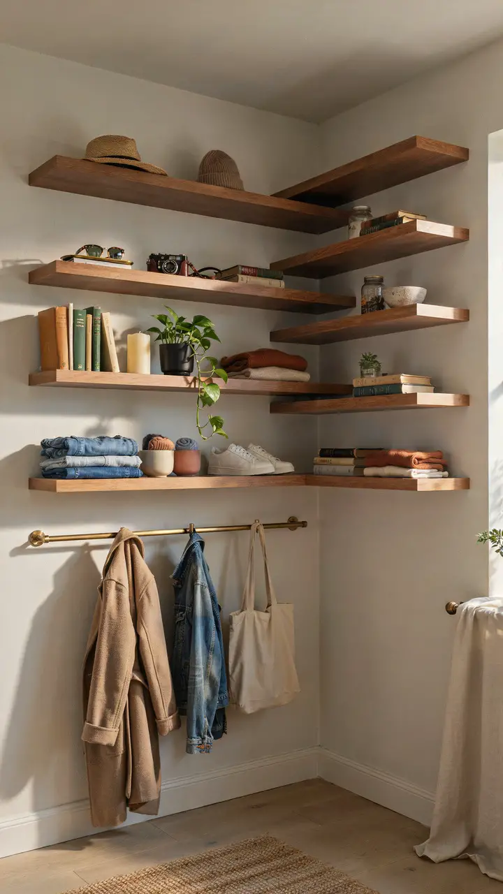 Floating Corner Shelves Styled as a Wardrobe — Maximum Impact, Minimum Cost
