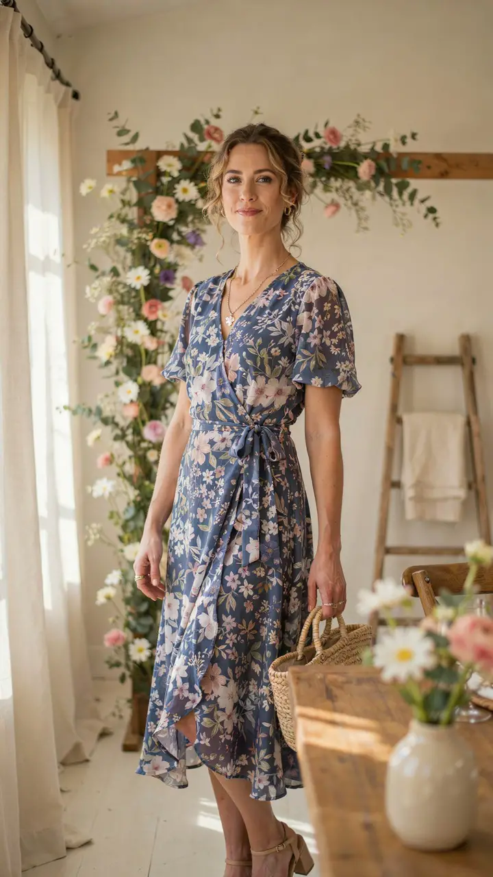 Floral Print Dress with Blue as the Base Color