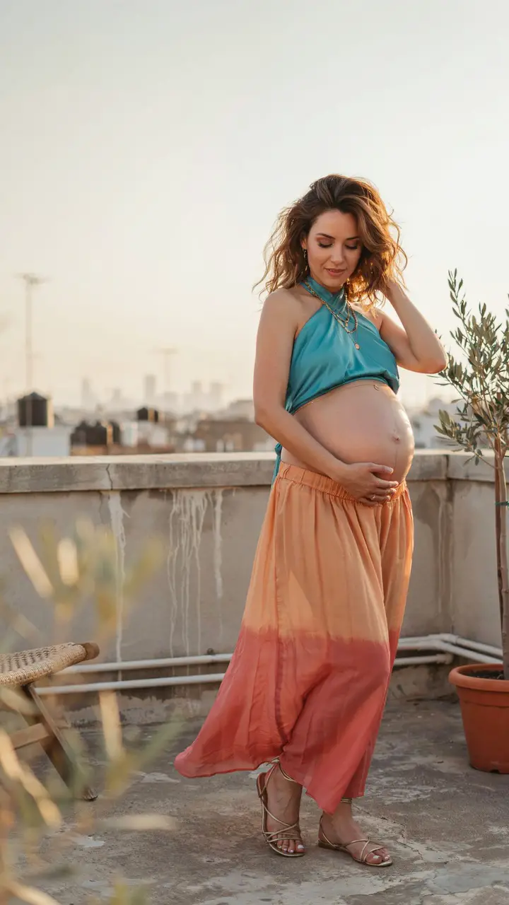 Halter Neck Maternity Top + Flowing Maxi Skirt