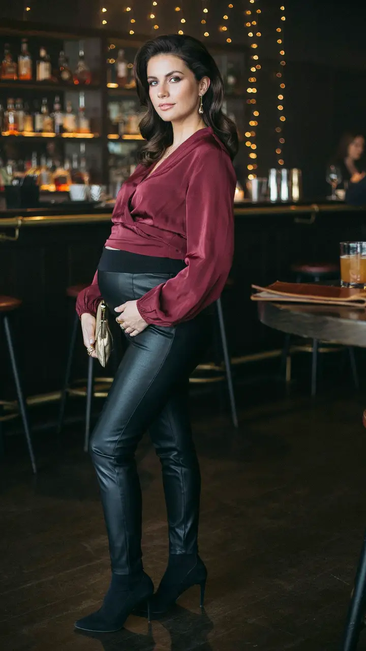 Leather Pants + Flowy Maternity Blouse