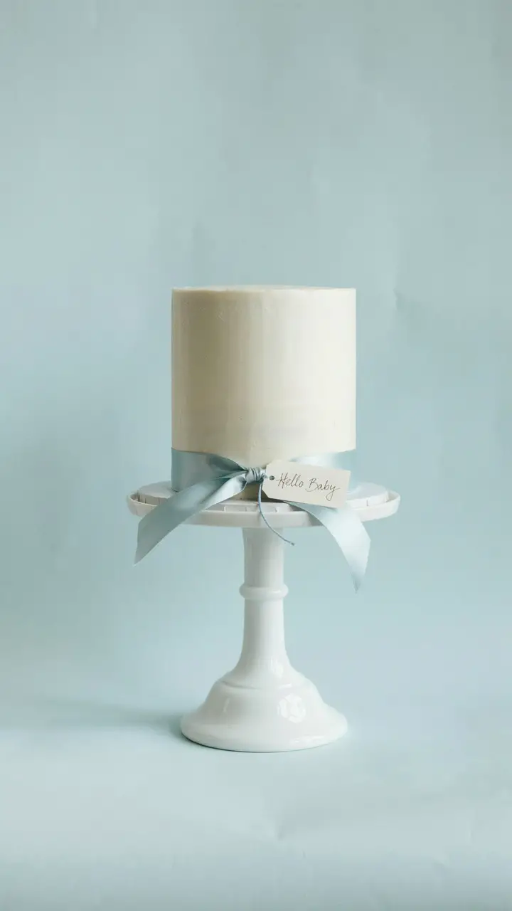 Minimalist White Cake with a Single Blue Ribbon Detail