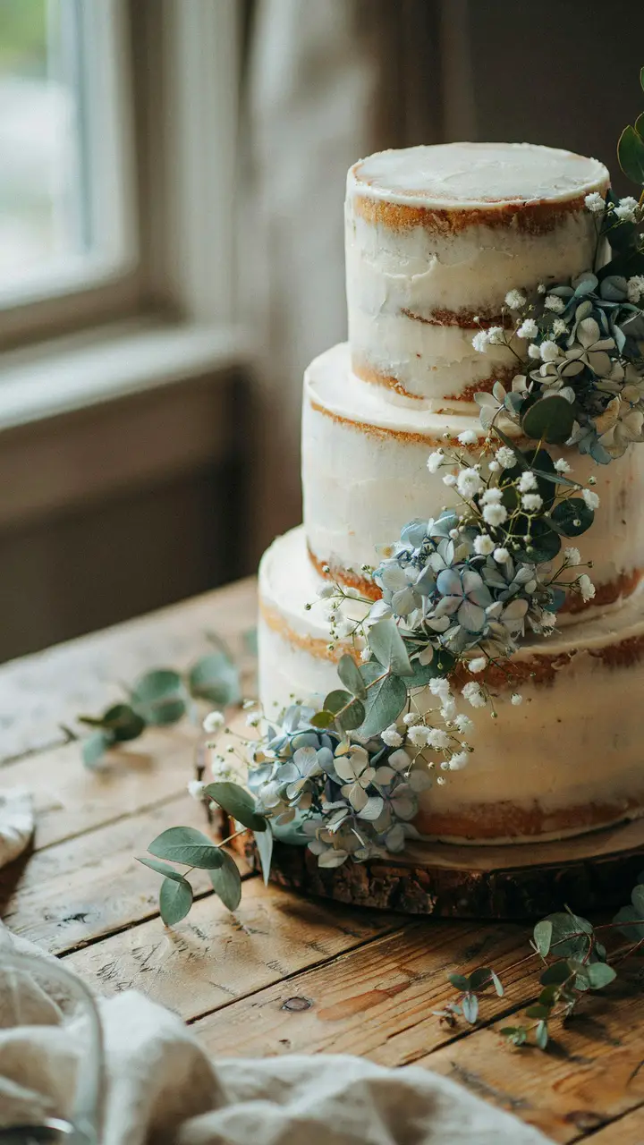 Naked Cake with Blue Floral Accents