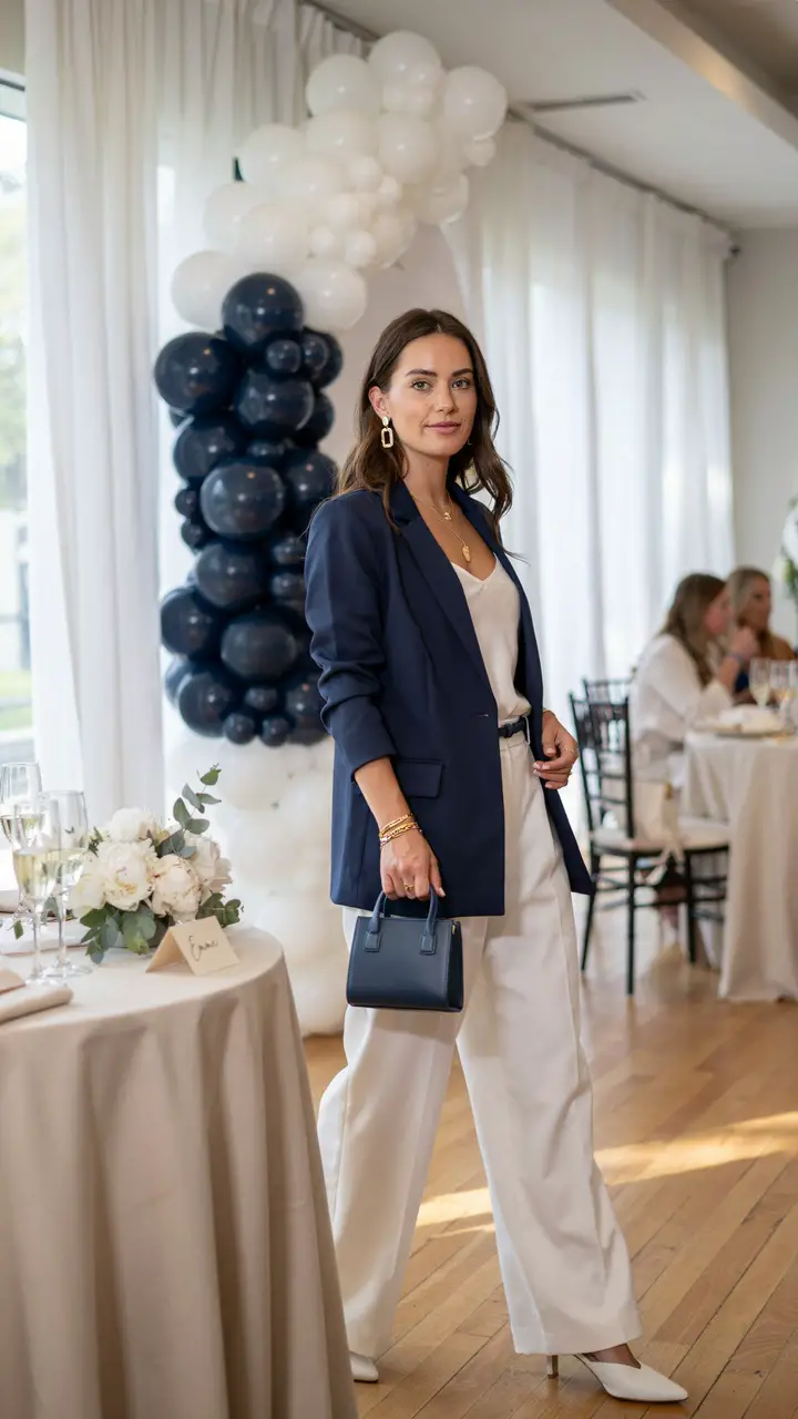 Navy Blazer and White Wide-Leg Trousers