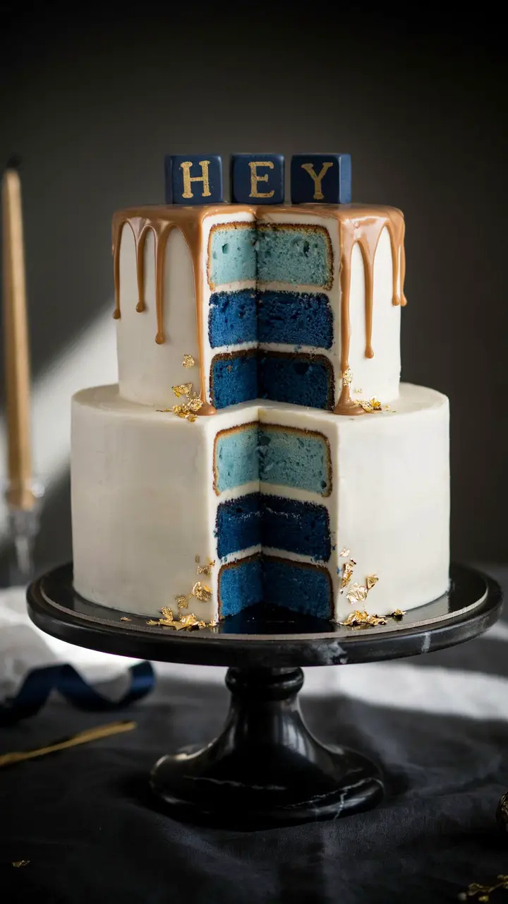 Navy and Gold Drip Cake with Blue Ombre Layers