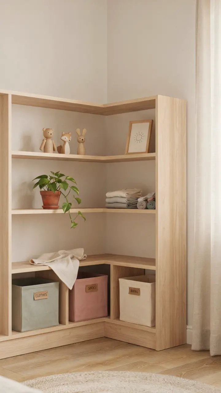 Open Shelving Corner Units with Fabric Bins