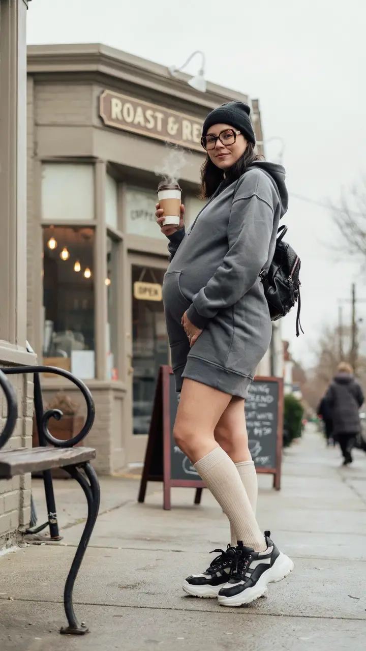 Oversized Hoodie Dress + Thigh-High Socks + Platform Sneakers