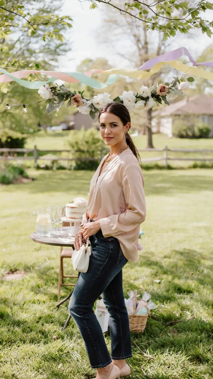 Smart Straight-Leg Jeans with a Blush Blouse and Heels