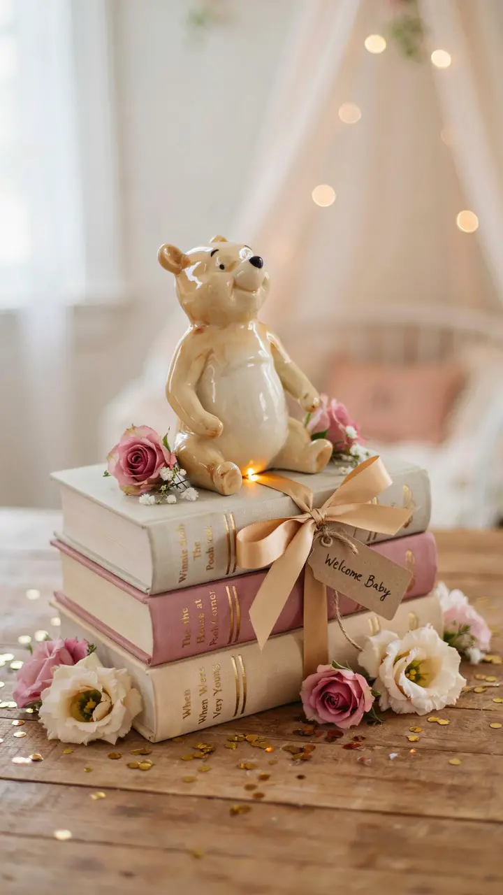 Stacked Book Tower with Pooh Figurines