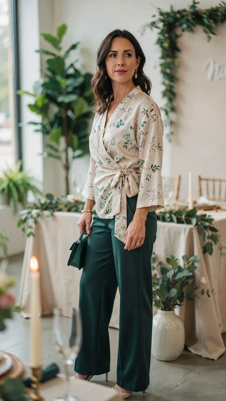 Wide-Leg Trousers with a Printed Wrap Top