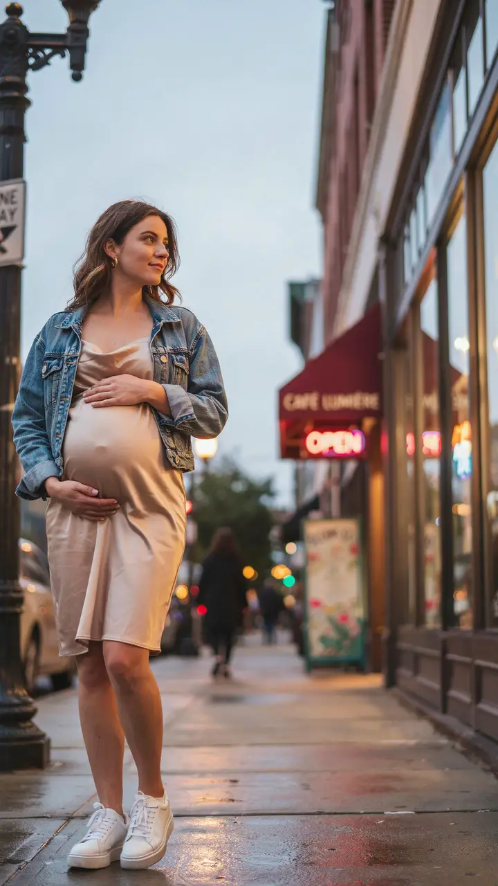 Slip Dress with a Denim Jacket for a Laid-Back City Stroll