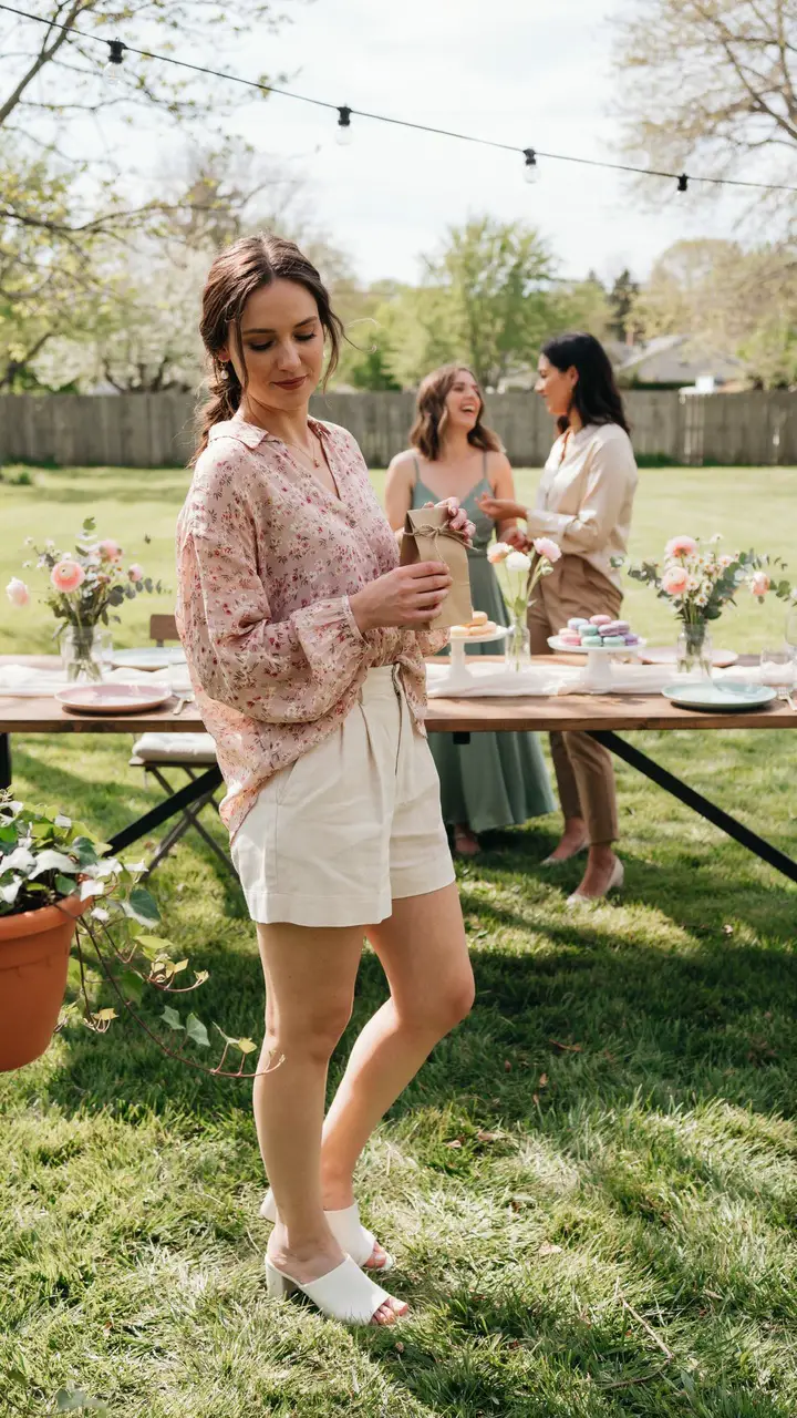 Tailored Shorts and a Flowy Blouse (For Casual Outdoor Showers)